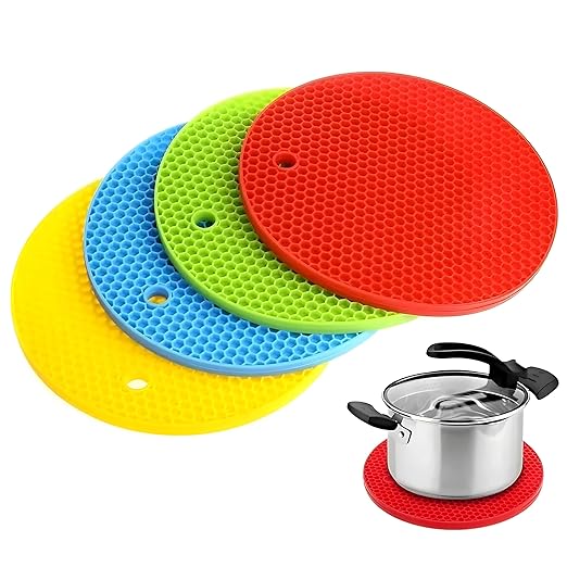 Silicone Heat Resistant Trivet Mats–Premium Food-Grade, Non-Slip, 3mm Thick Pot Holders for Hot Pans & Kitchen Use, Round, Multi-Color, Set of 4