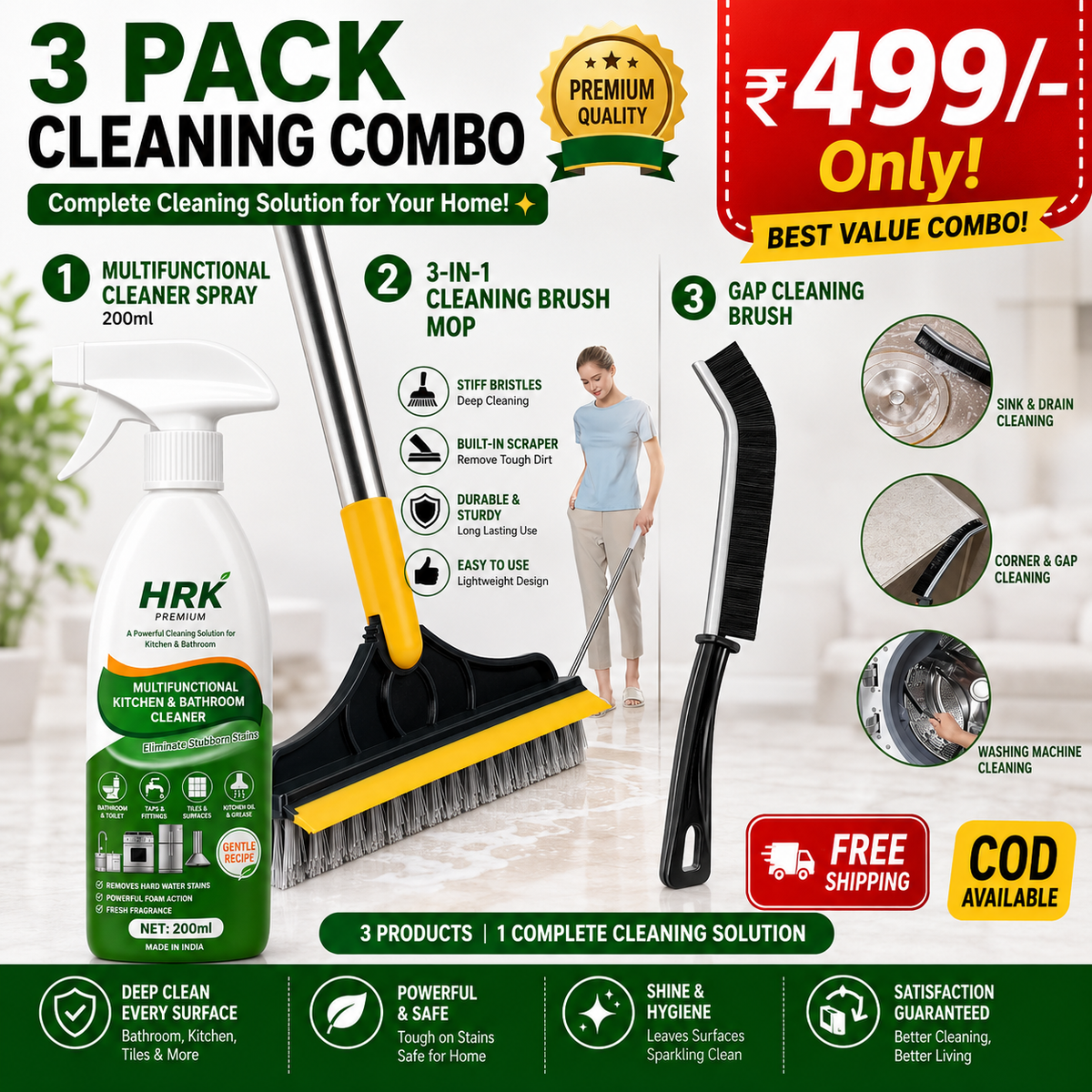 3 Pack Cleaning Combo | Bathroom & Kitchen Cleaner Spray | Floor Cleaning Brush | Gap Cleaning Brush